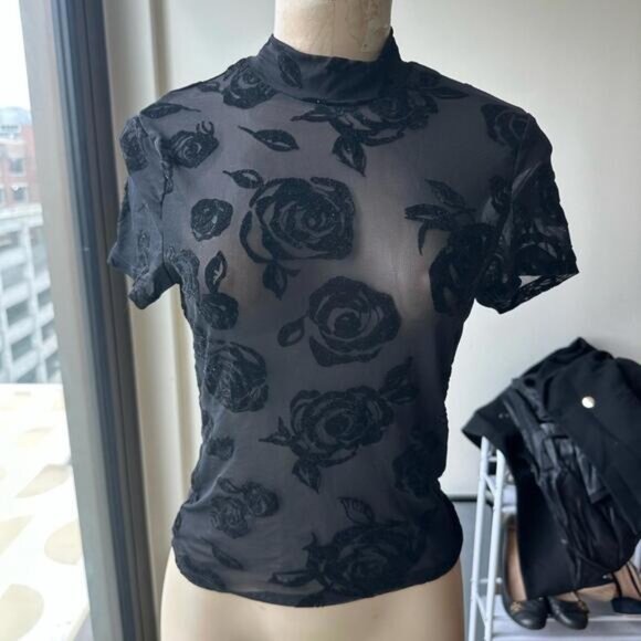 SHEIN Black Rose Pattern Sheer Blouse [COPY] - Picture 1 of 5